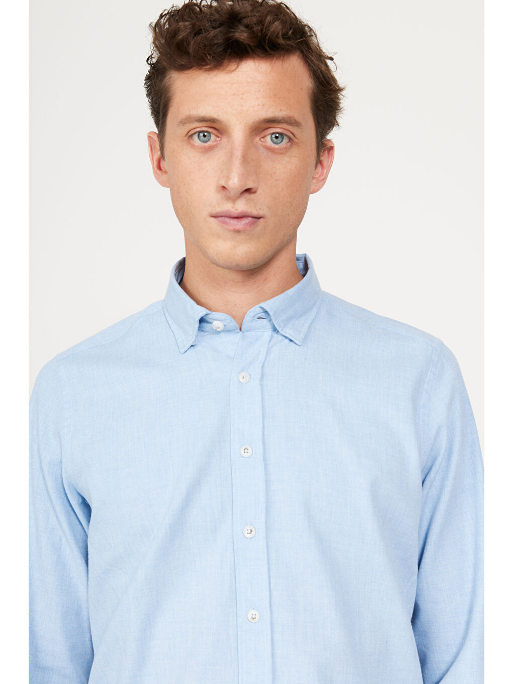 Erkek Açık Mavi Slim Fit Dar Kesim Düğmeli Yaka Flanel Oduncu Kışlık Gömlek-4