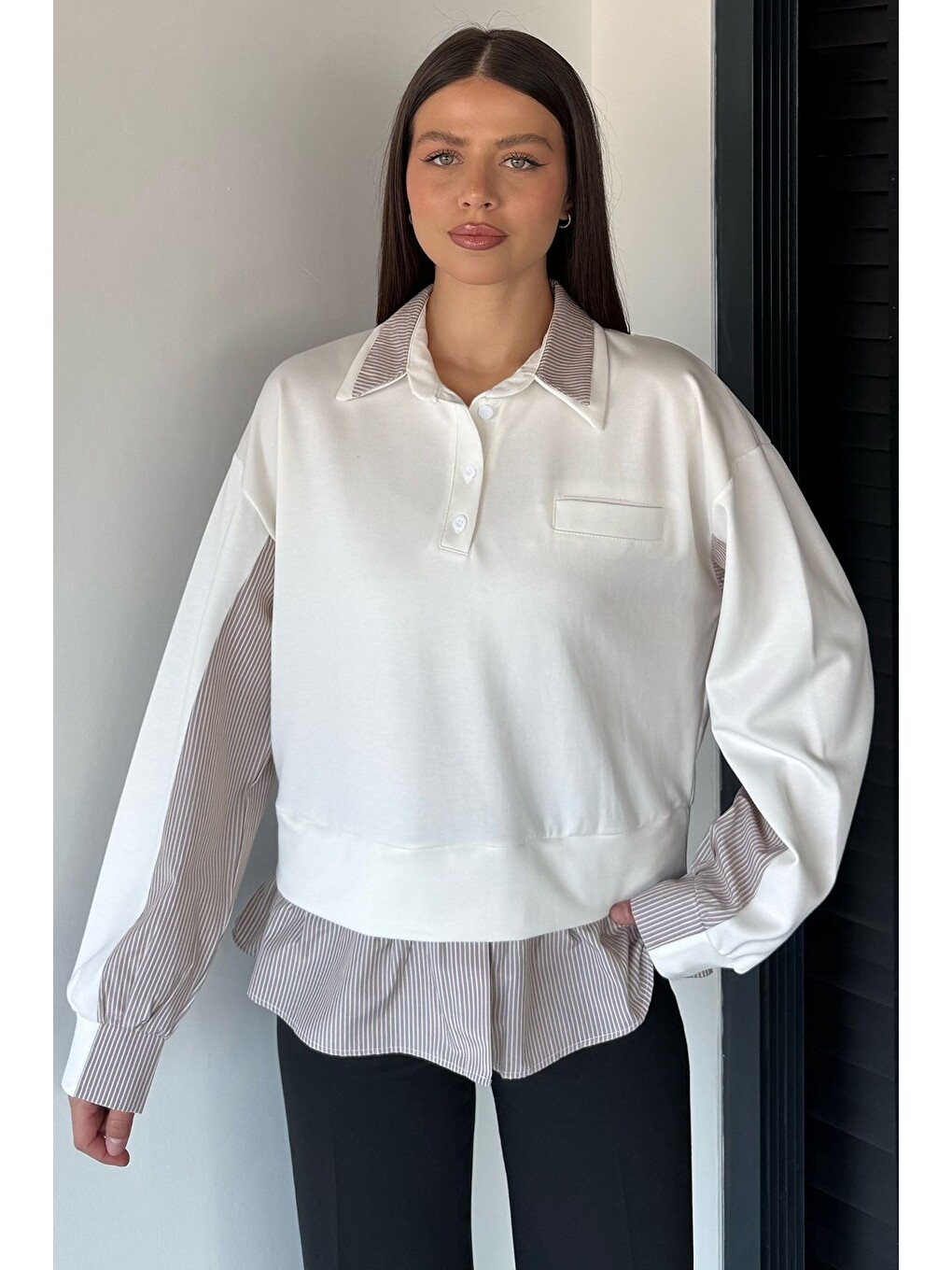 Ekru Kadın Polo Yaka Gömlek Garnili Sweatshirt