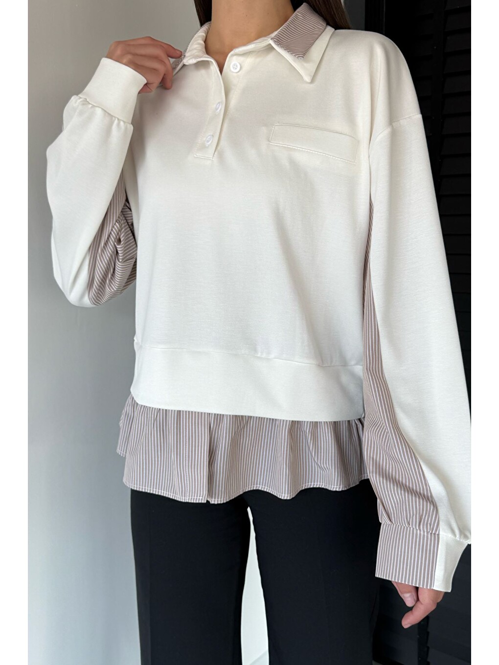 Ekru Kadın Polo Yaka Gömlek Garnili Sweatshirt-1
