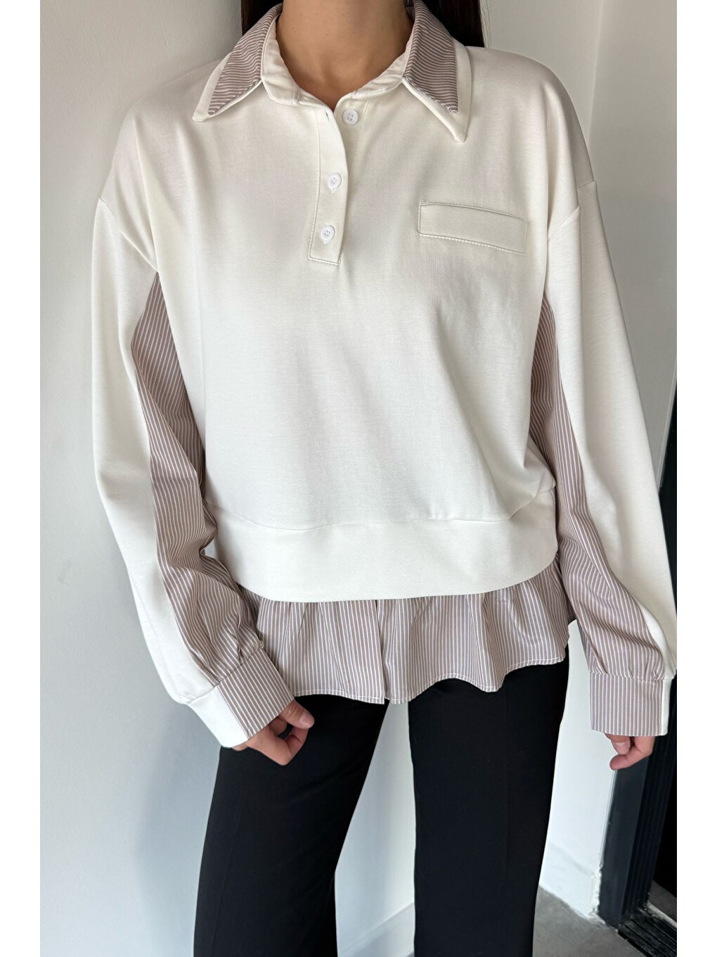 Ekru Kadın Polo Yaka Gömlek Garnili Sweatshirt-2