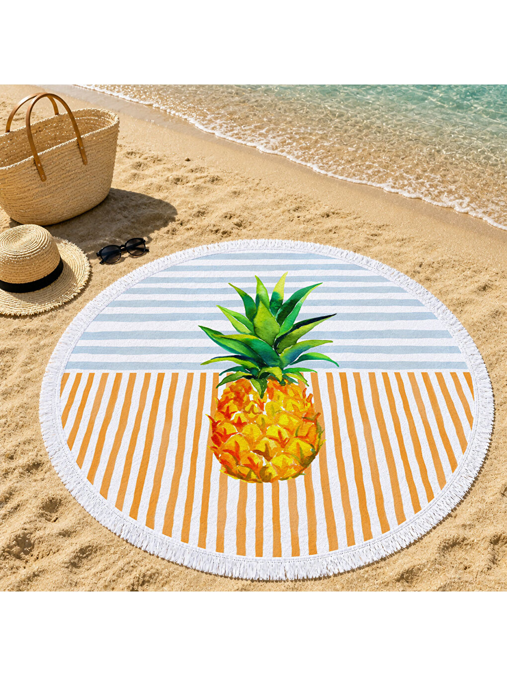 Karışık Çizgili Modern Ananas Desenli 150 cm Yuvarlak Plaj Havlusu