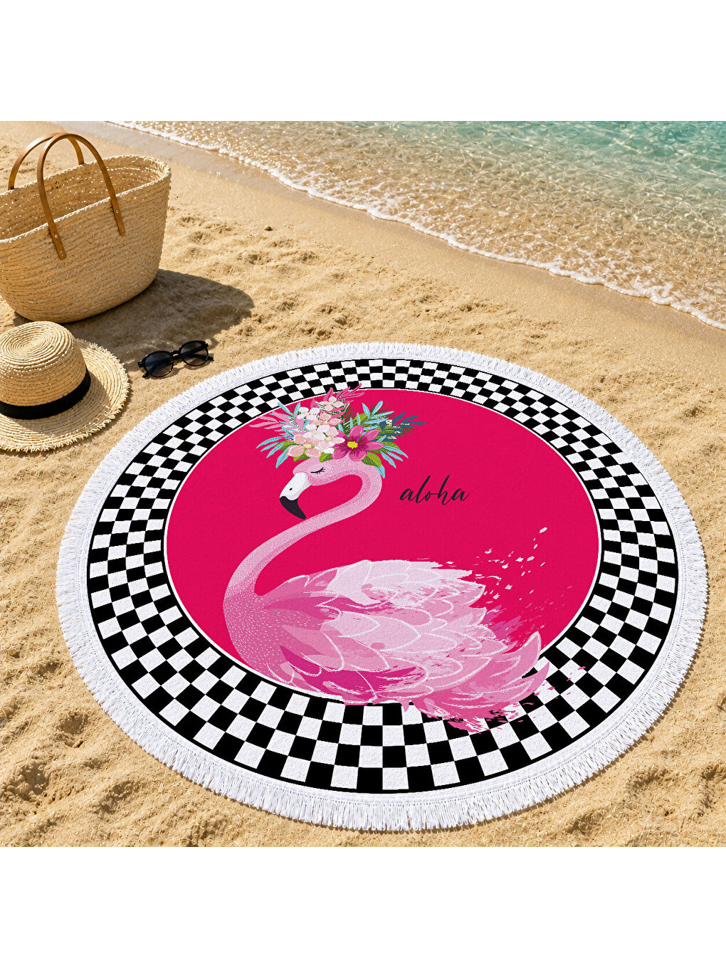 Karışık Siyah Beyaz Dama Kenarlı Flamingo Desenli 150 cm Yuvarlak Plaj Havlusu