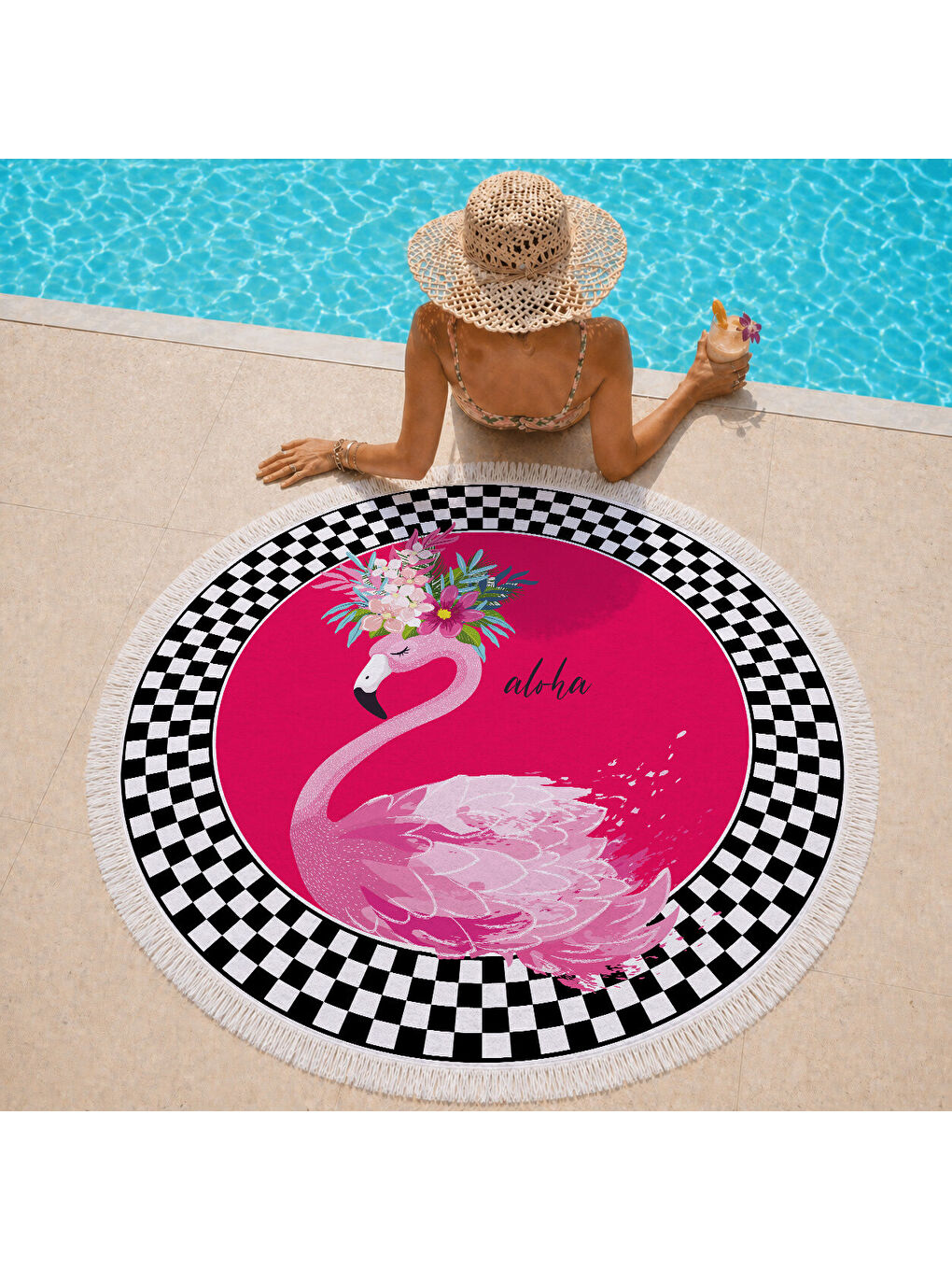 Karışık Siyah Beyaz Dama Kenarlı Flamingo Desenli 150 cm Yuvarlak Plaj Havlusu-1
