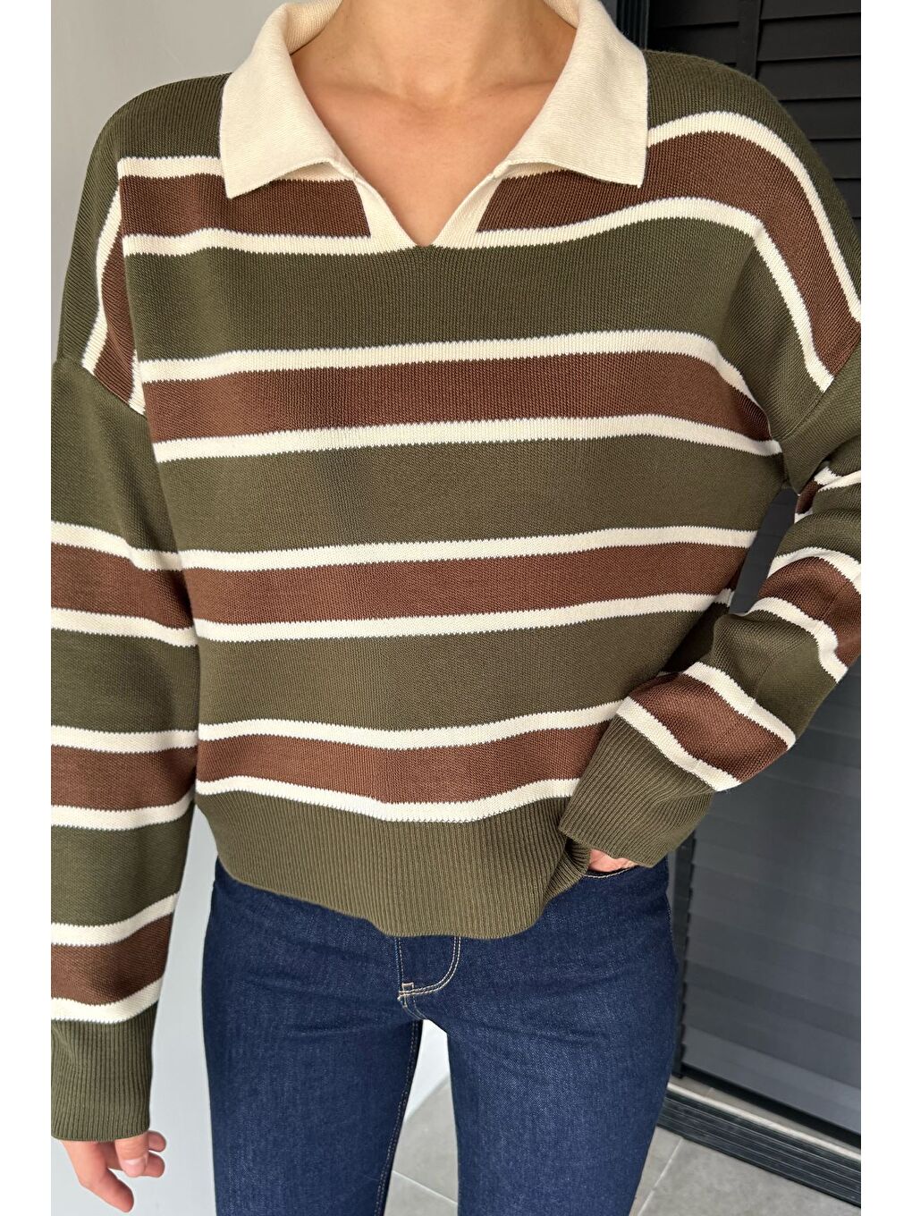 Haki Kadın Çizgili Triko Kazak-2