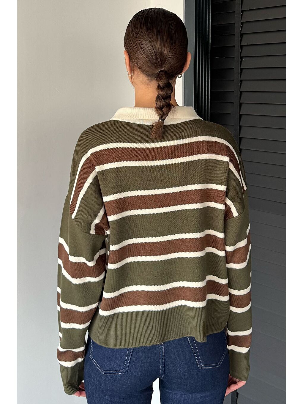 Haki Kadın Çizgili Triko Kazak-3
