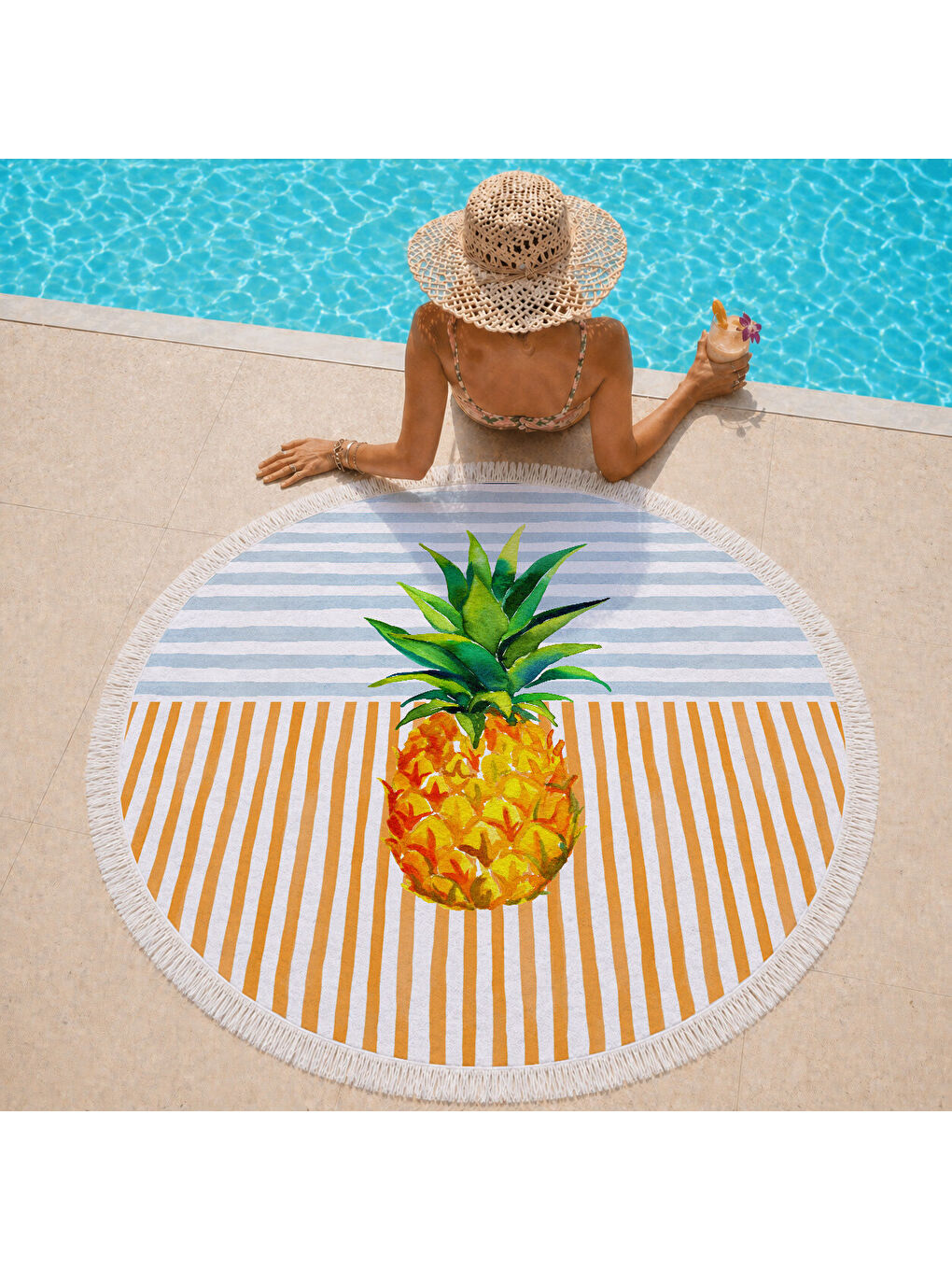 Karışık Çizgili Modern Ananas Desenli 150 cm Yuvarlak Plaj Havlusu-1