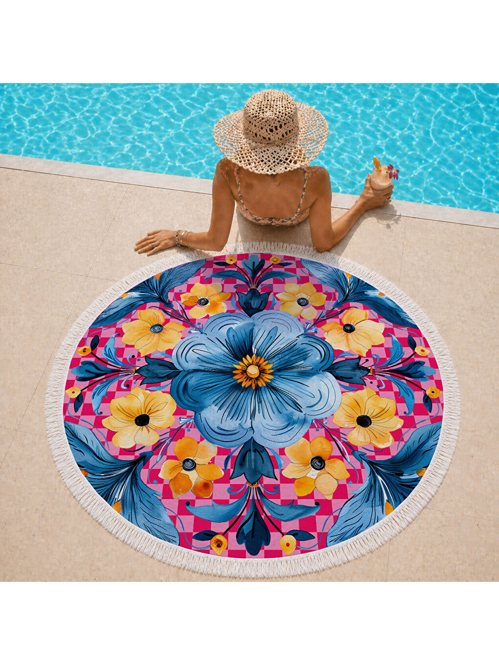 Karışık Mavi ve Pembe Büyük Çiçek Desenli 150 cm Yuvarlak Plaj Havlusu-1