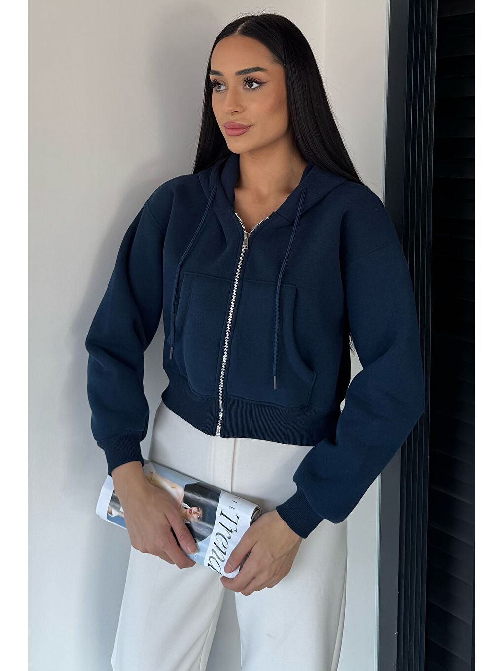 Petrol Kadın Kapüşonlu Şardonlu Ön Fermuarlı Crop Top Sweatshirt