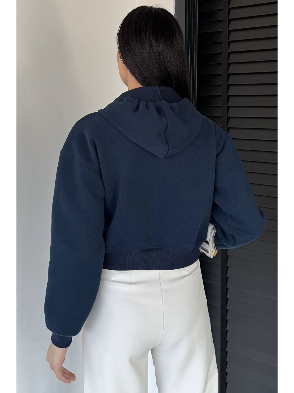 Petrol Kadın Kapüşonlu Şardonlu Ön Fermuarlı Crop Top Sweatshirt-3