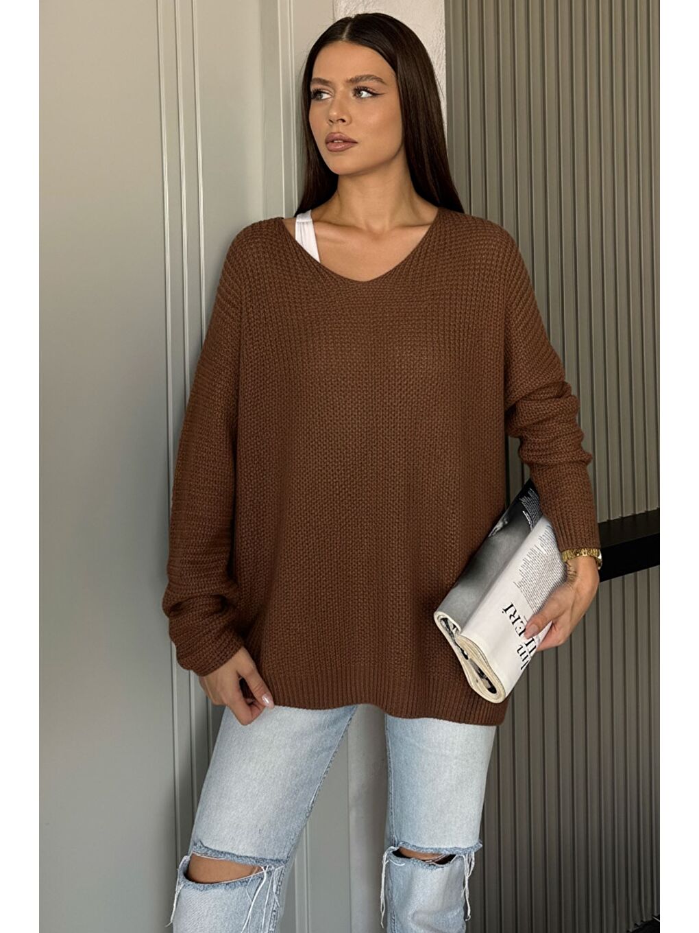 Kahverengi V Yaka Salaş Triko Bluz (s,m,l,xl Uyumludur)