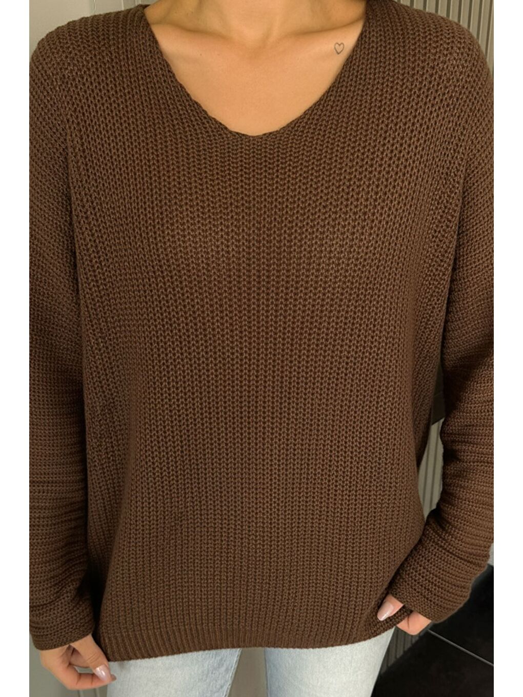 Kahverengi V Yaka Salaş Triko Bluz (s,m,l,xl Uyumludur)-1