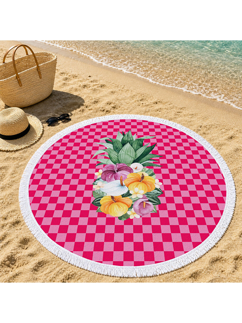 Karışık Pembe Dama Zeminli Modern Çiçekli 150 cm Yuvarlak Plaj Havlusu