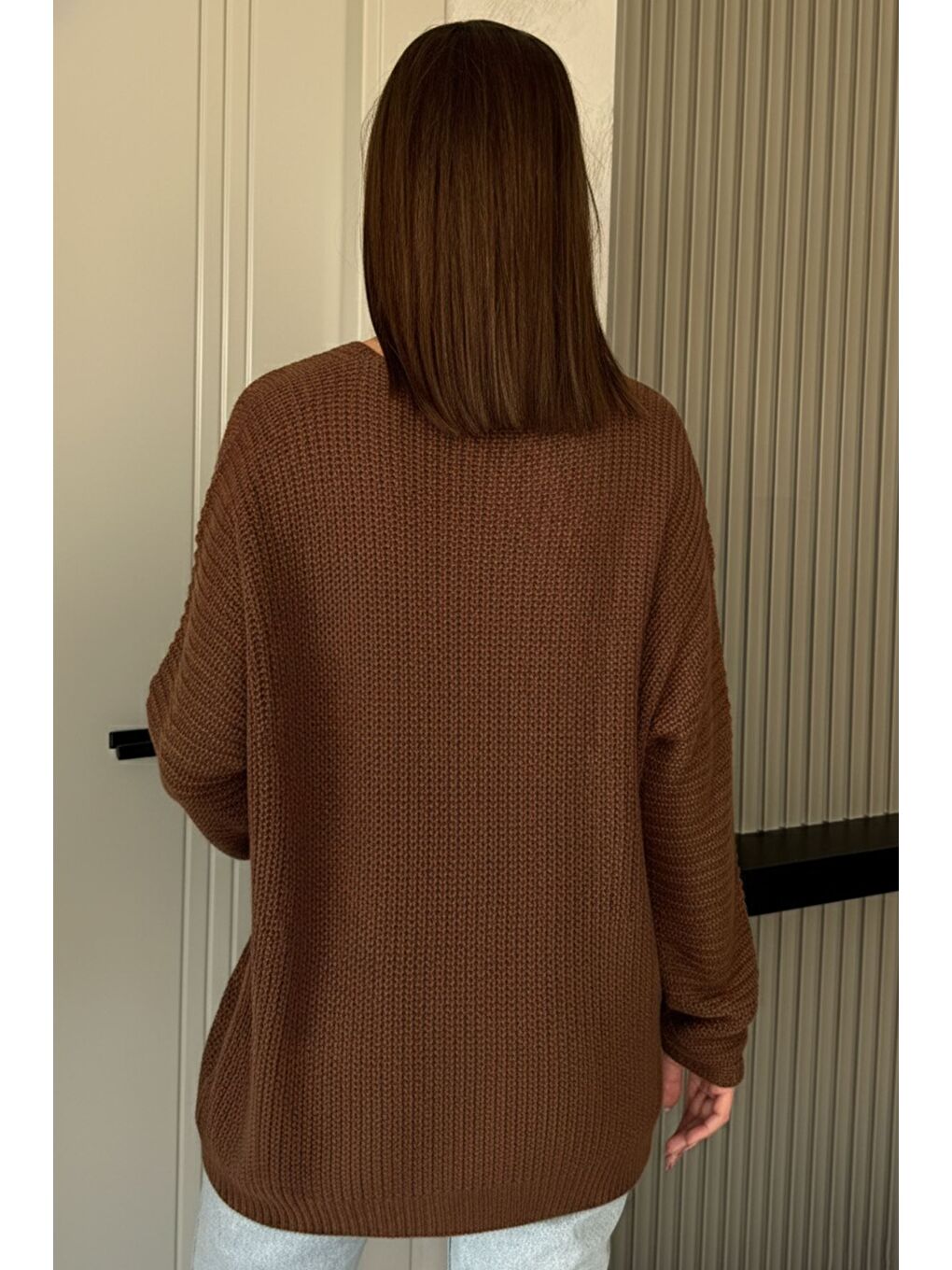 Kahverengi V Yaka Salaş Triko Bluz (s,m,l,xl Uyumludur)-2
