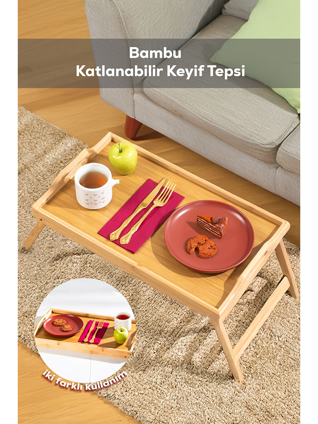 Kahverengi Soho Katlanır Ayaklı Bambu Yatak Keyif Servis Tepsisi İkramlık Tepsi 50x30-2