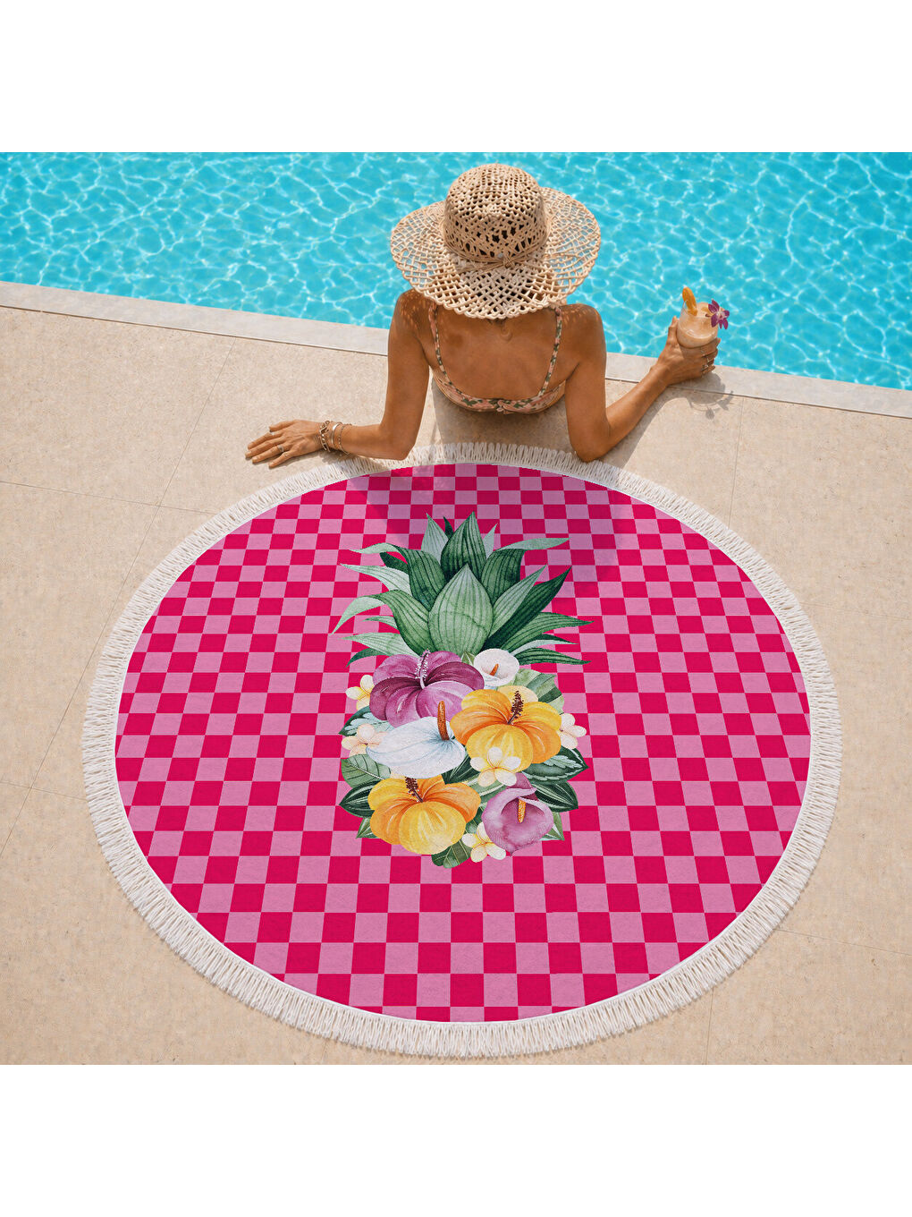 Karışık Pembe Dama Zeminli Modern Çiçekli 150 cm Yuvarlak Plaj Havlusu-1