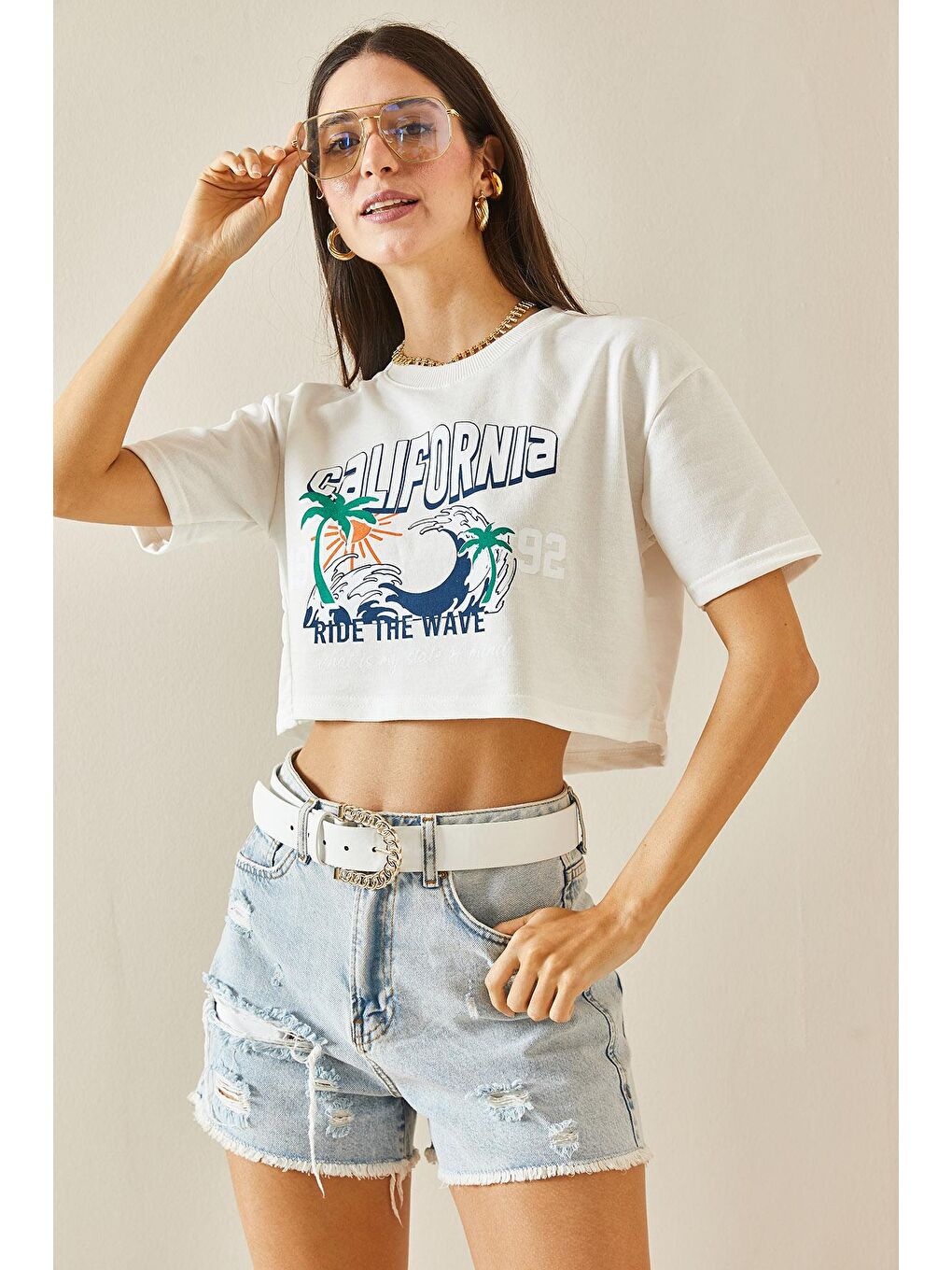 XHAN Beyaz Baskılı Bisiklet Yaka Crop T-Shirt 5YXK1-48565-01 - 1