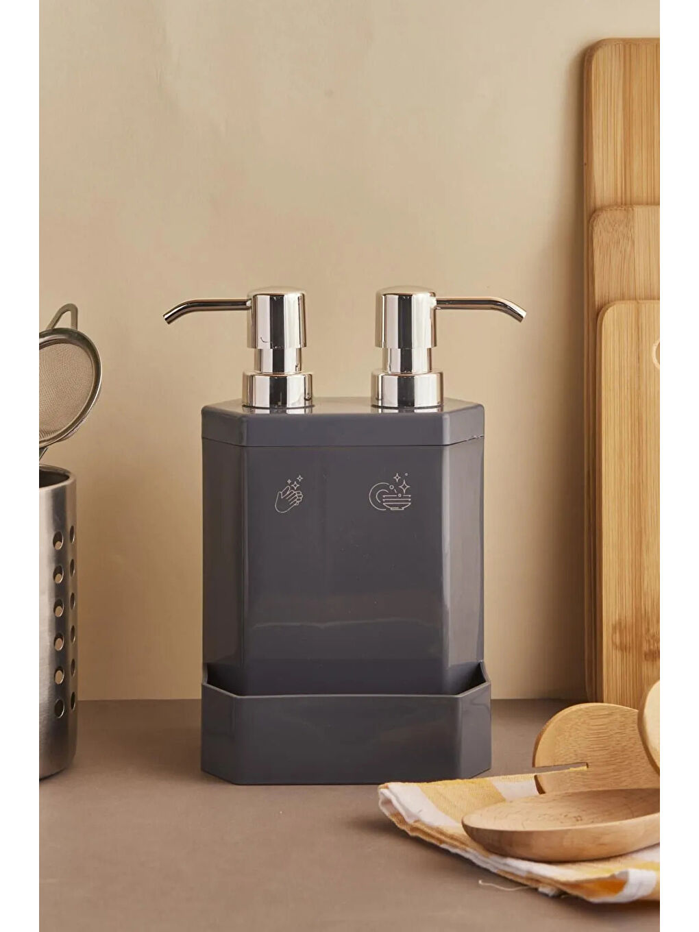 Gri Marlon Lecce Grey 2`li Süngerlik Hazneli Mutfak Sıvı Sabunluk-1