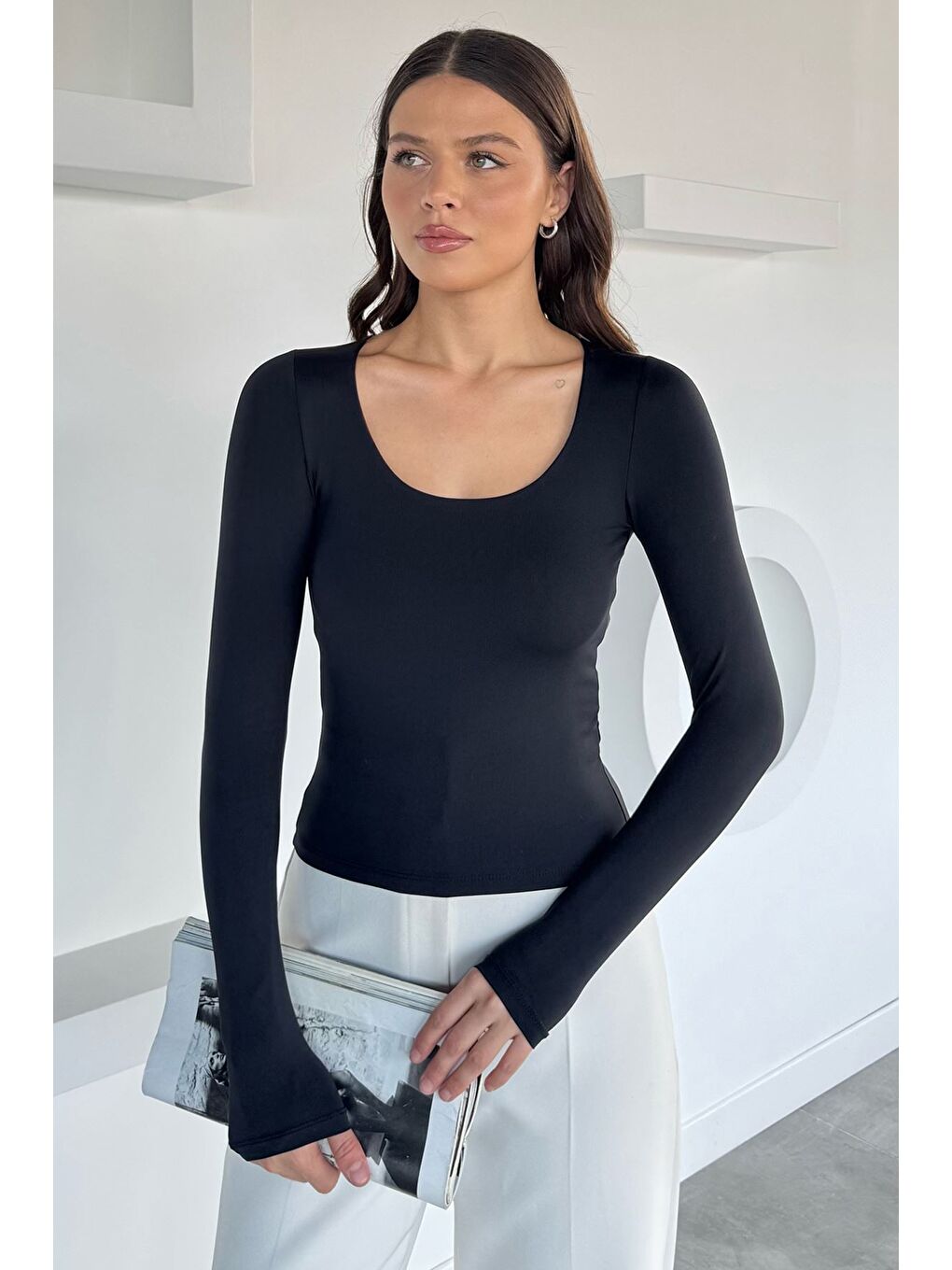 Siyah Kadın Kare Yaka Bluz-1