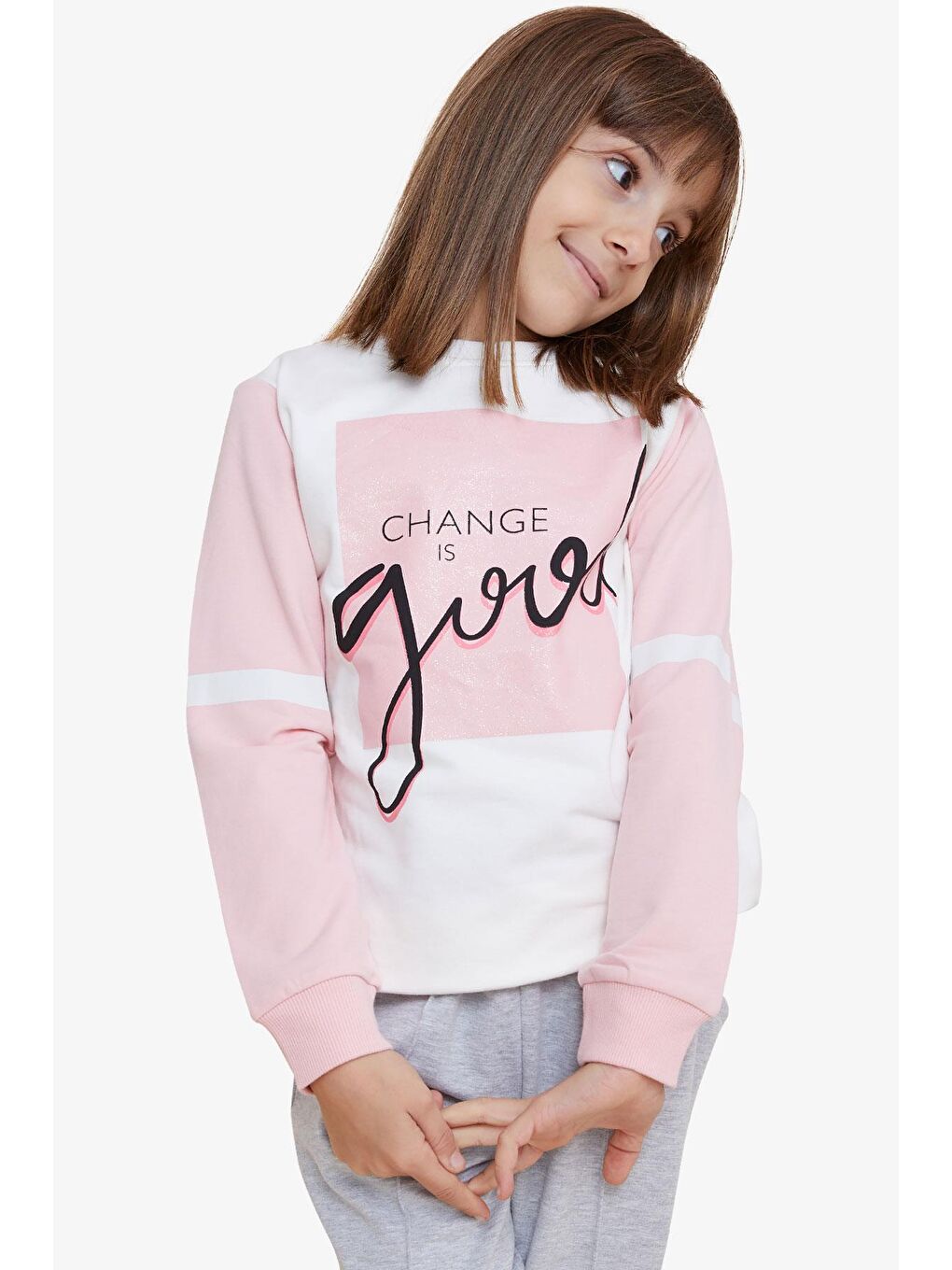 Kız Çocuk Sweatshirt Simli Yazı Baskılı Ekru (8 Yaş)-1