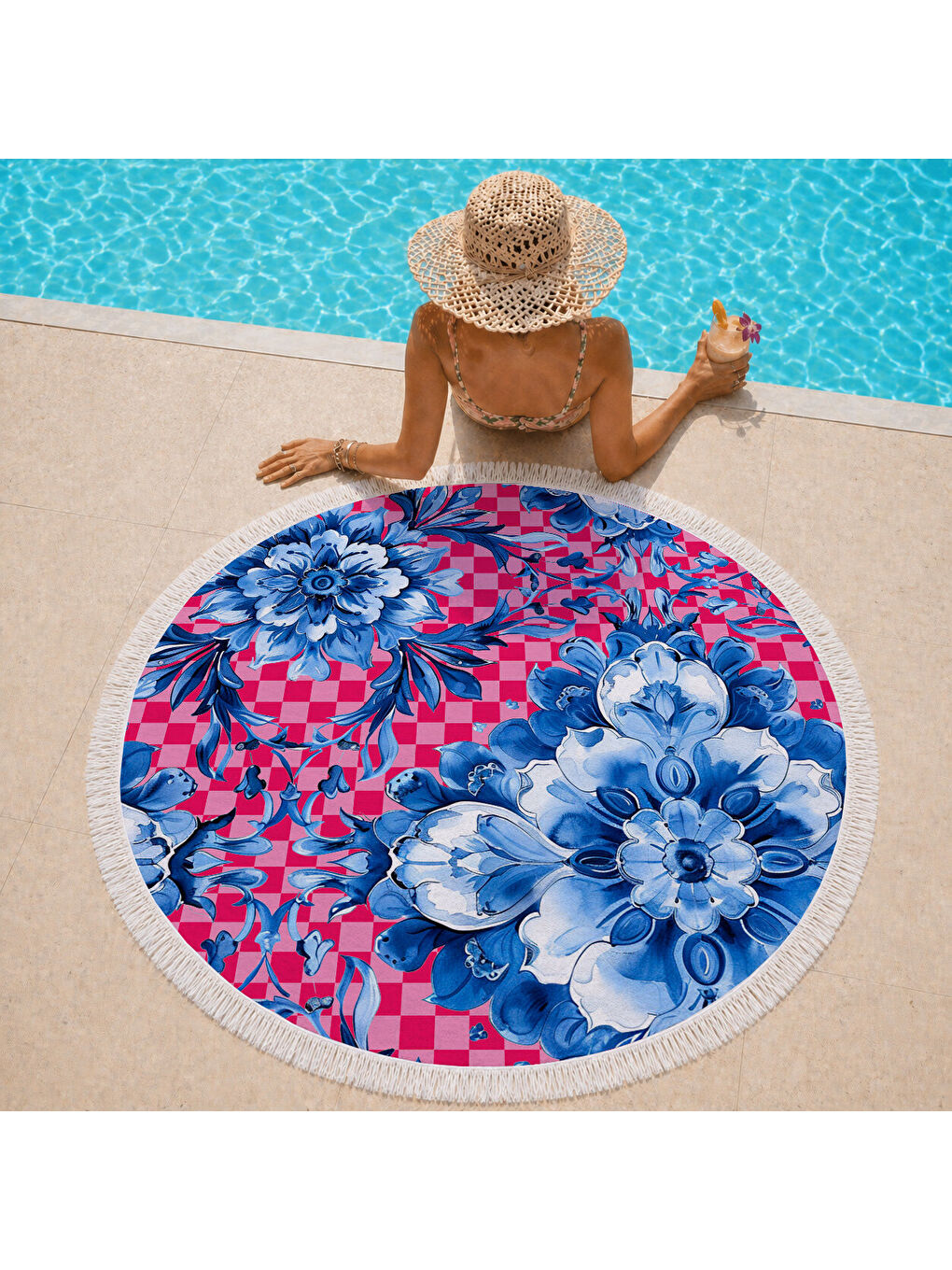 Karışık Lüks Mavi Gül ve Çiçek Bahçesi Desenli 150 cm Yuvarlak Plaj Havlusu-1