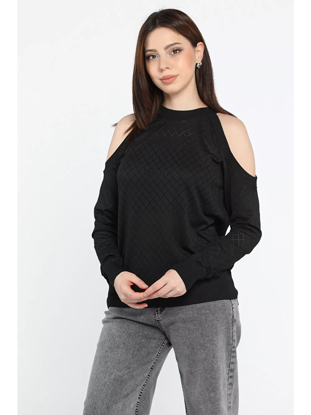 Siyah Omuz Dekolteli Kadın Triko Bluz-1