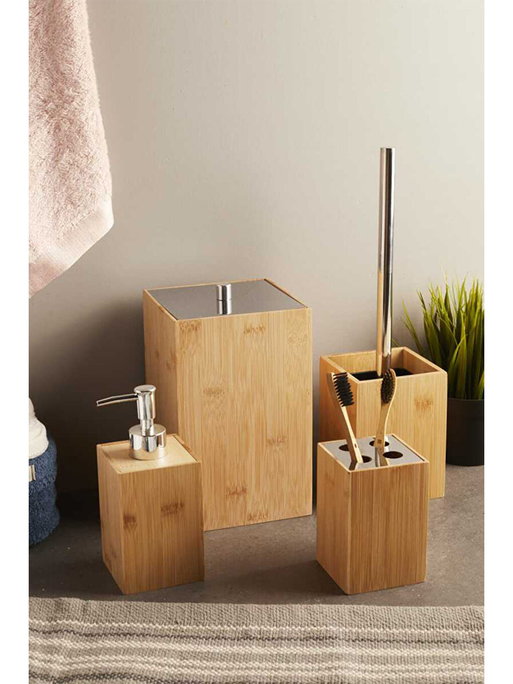 Kahverengi 15701 Bamboo 4'lü Kovalı Banyo Seti Bambu Kare Banyo Takımı