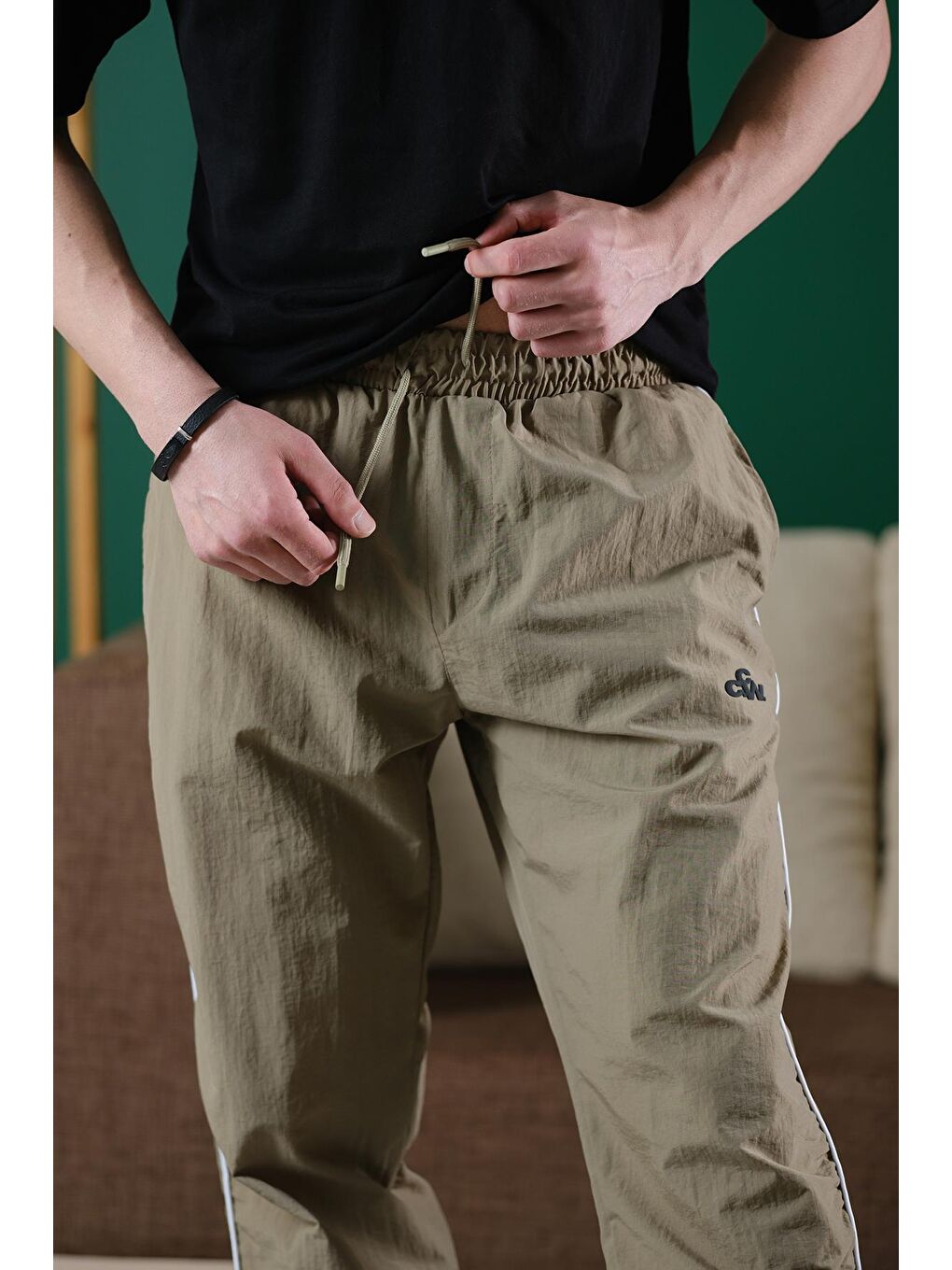 Yeşil Ccw Paçası Lastikli Kort Paraşüt Şeritli Outdoor Erkek Eşofman Alt-3