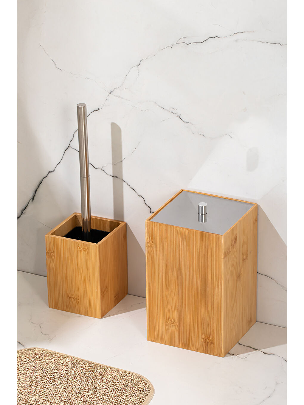 Kahverengi 15701 Bamboo 4'lü Kovalı Banyo Seti Bambu Kare Banyo Takımı-1