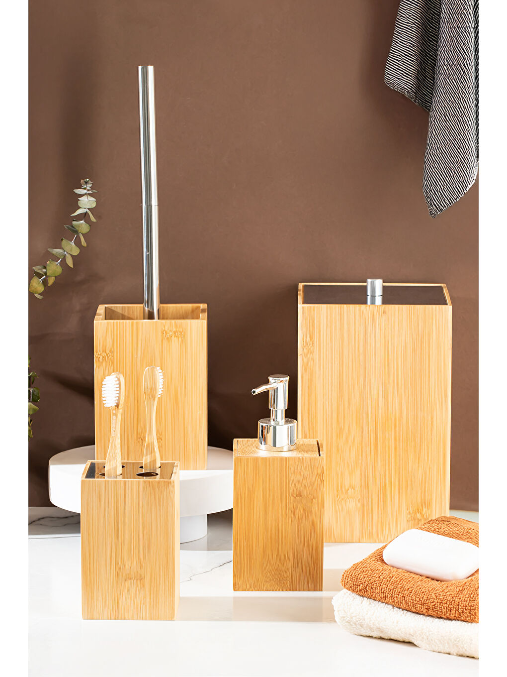 Kahverengi 15701 Bamboo 4'lü Kovalı Banyo Seti Bambu Kare Banyo Takımı-2