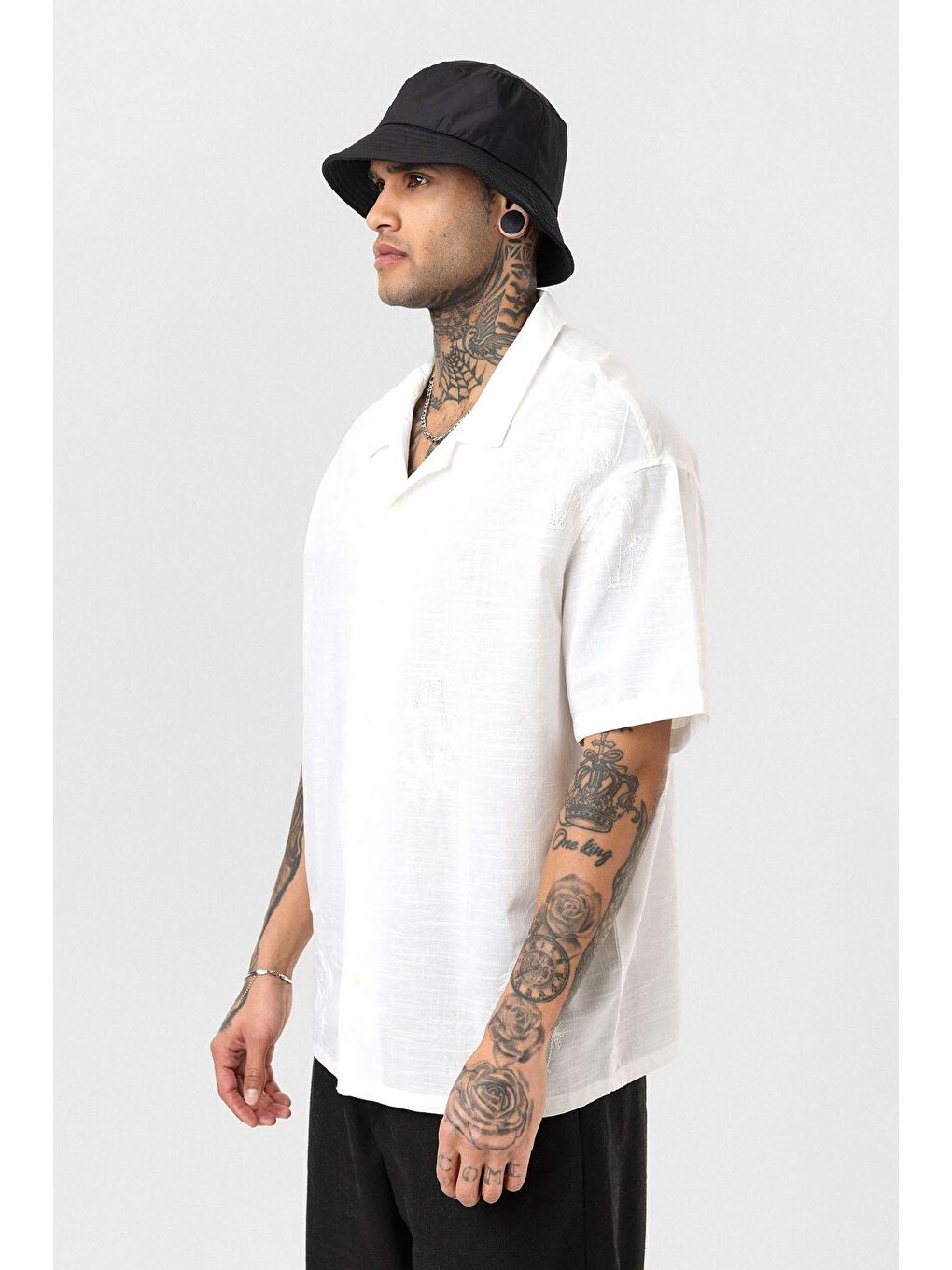 Oversize Nakış Detaylı Kısa Kol Gömlek Ekru-2