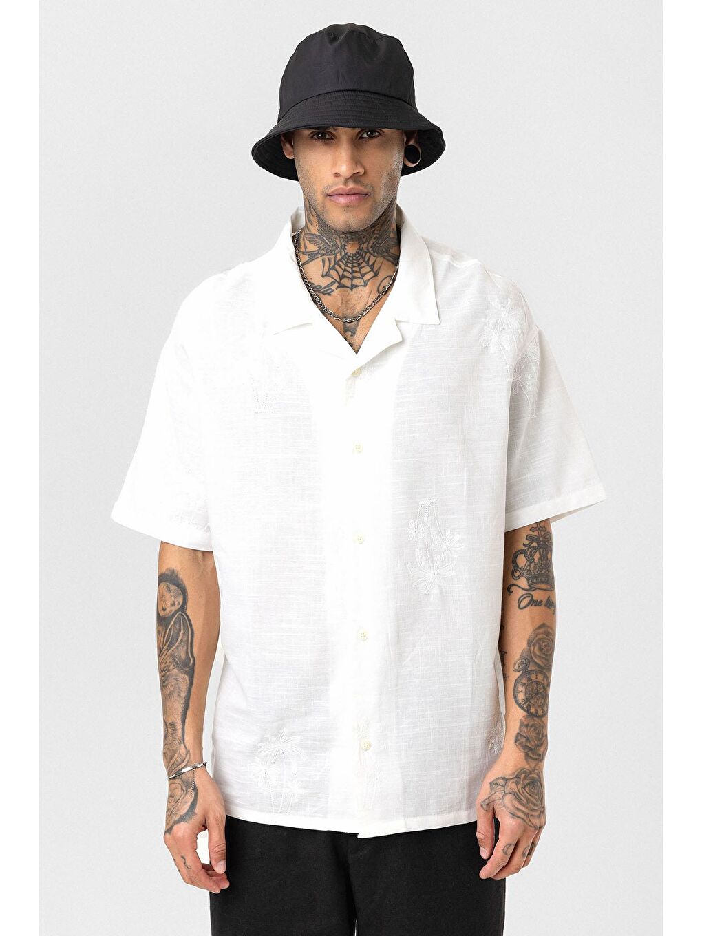 Oversize Nakış Detaylı Kısa Kol Gömlek Ekru-3