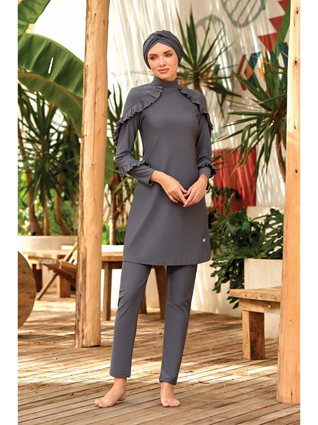 Fırfır Tasarım Likralı Tam Kapalı Tesettür Mayo Mırına 4104 Antrasit