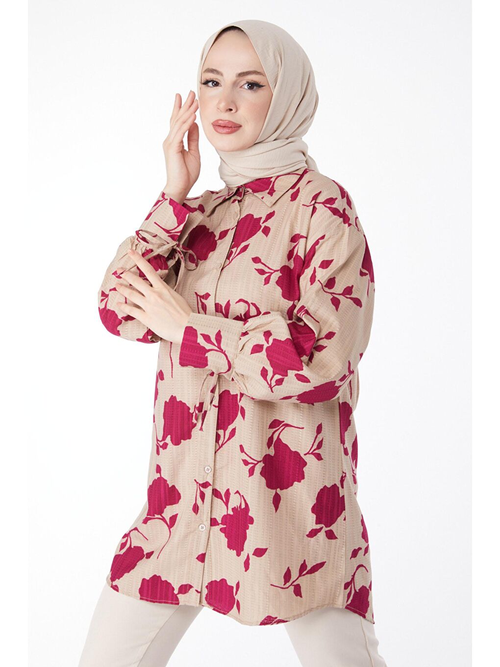 Gömlek Yaka Kadın Mürdüm Desenli Gömlek - 24971-1