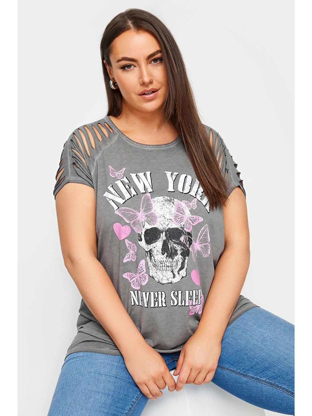 Stil Diva Gri Büyük Beden Bisiklet Yaka Kol ve Omuz Detaylı Baskılı T-shirt 303138