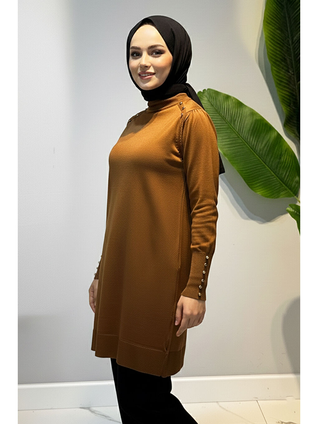 Kahverengi Düğme Detaylı Triko Tunik 34048 Kiremit