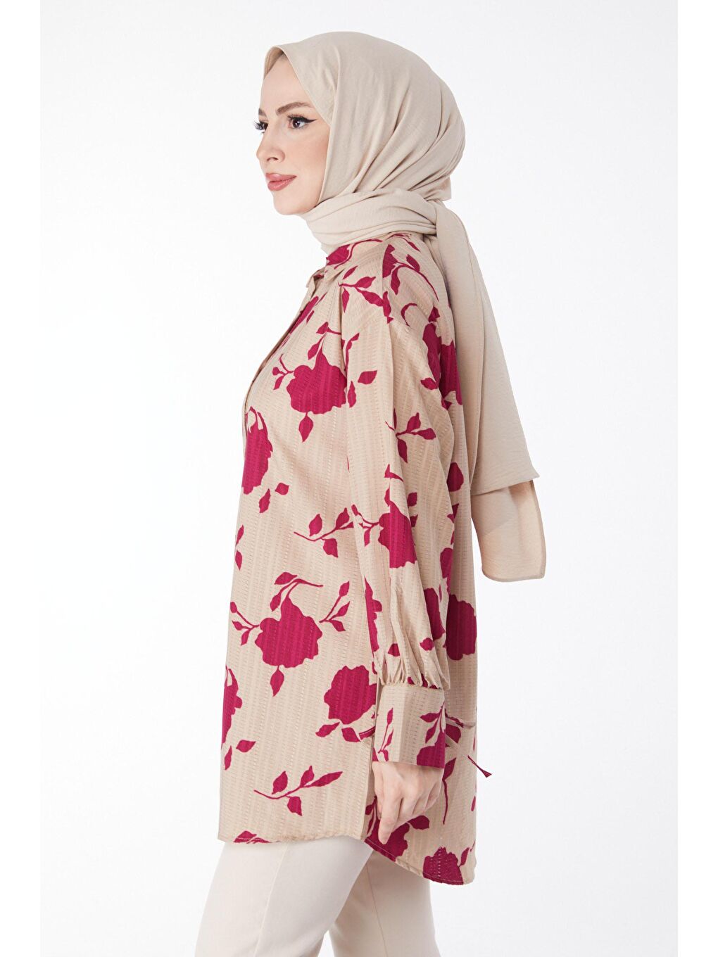 Gömlek Yaka Kadın Mürdüm Desenli Gömlek - 24971-2