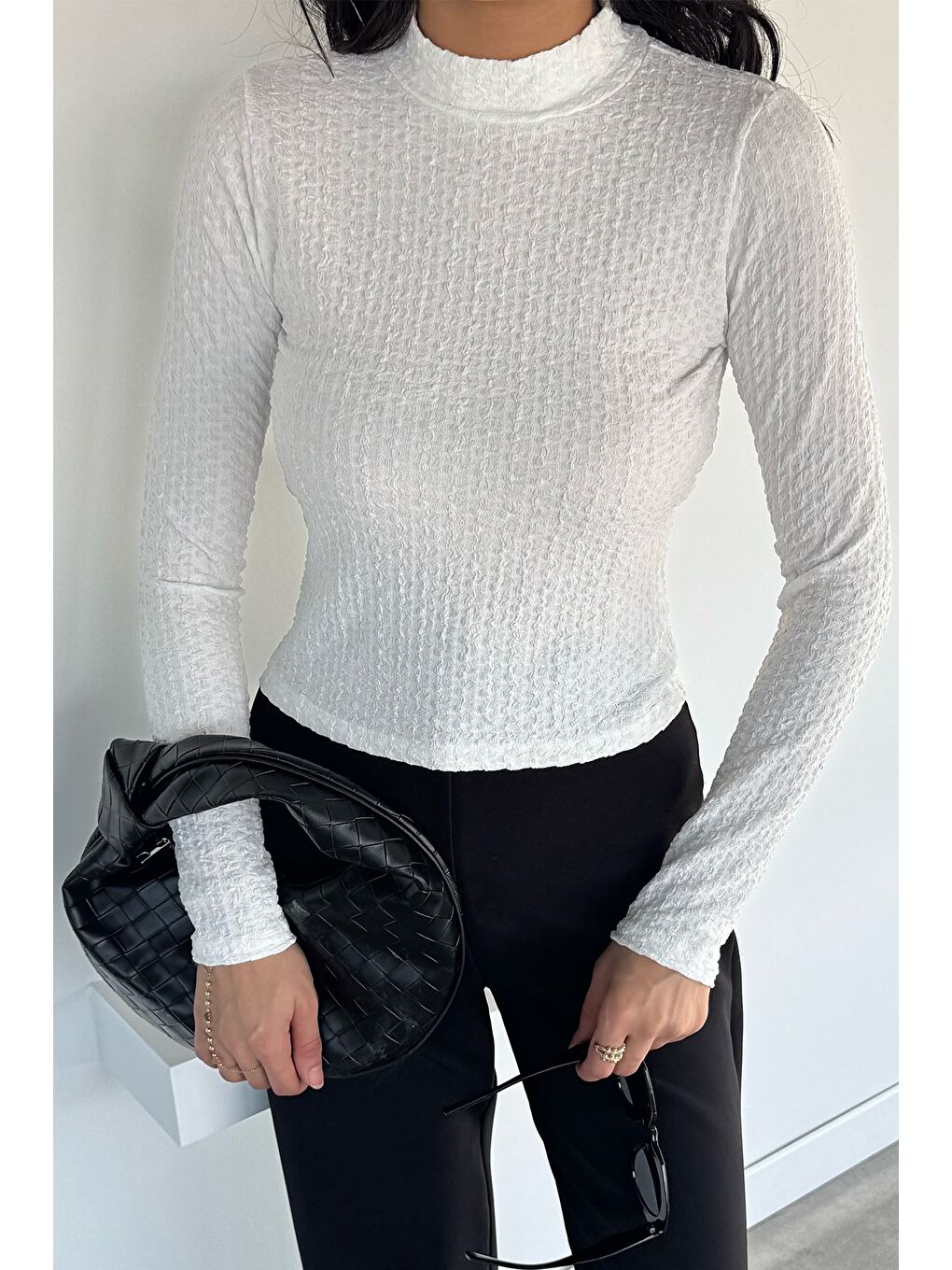 Ekru Kadın Dik Yaka Basic Bluz-1