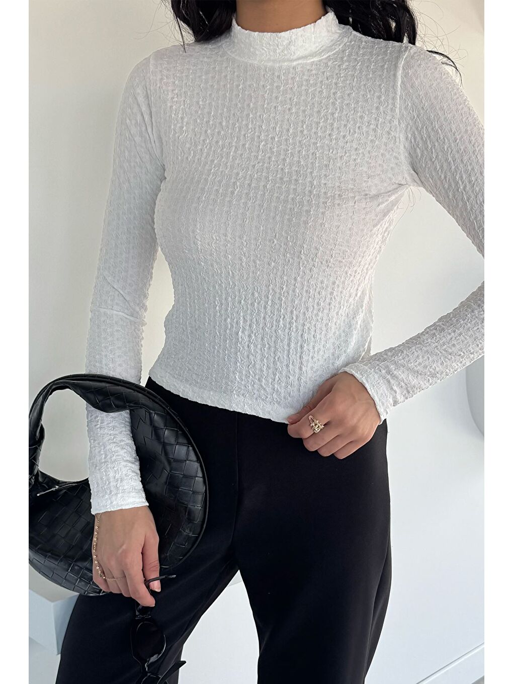 Ekru Kadın Dik Yaka Basic Bluz-2