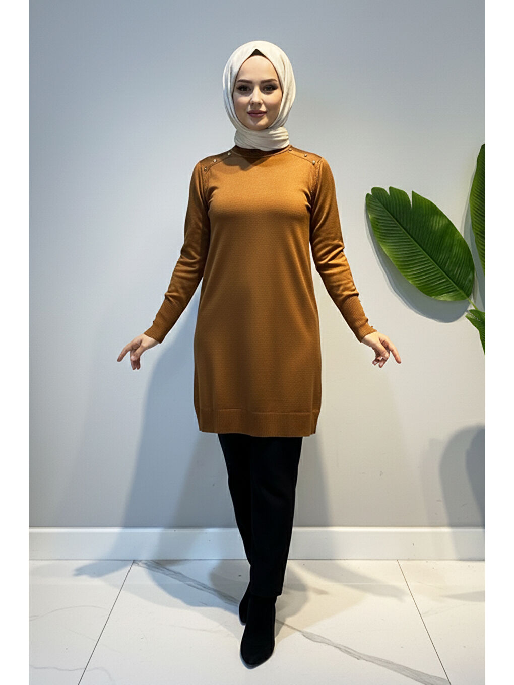 Kahverengi Düğme Detaylı Triko Tunik 34048 Kiremit-2