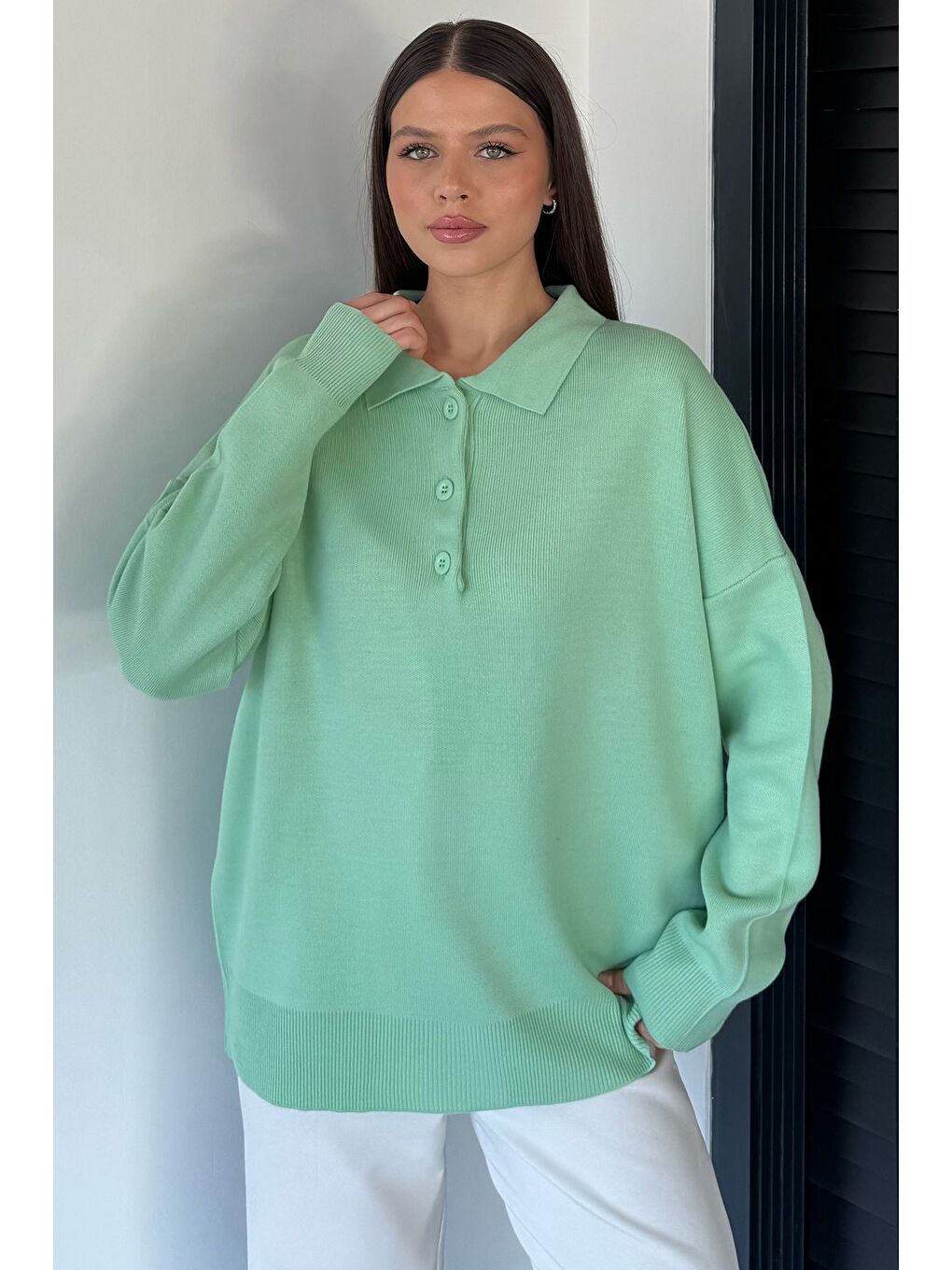Yeşil Kadın Yarım Düğmeli Triko Kazak