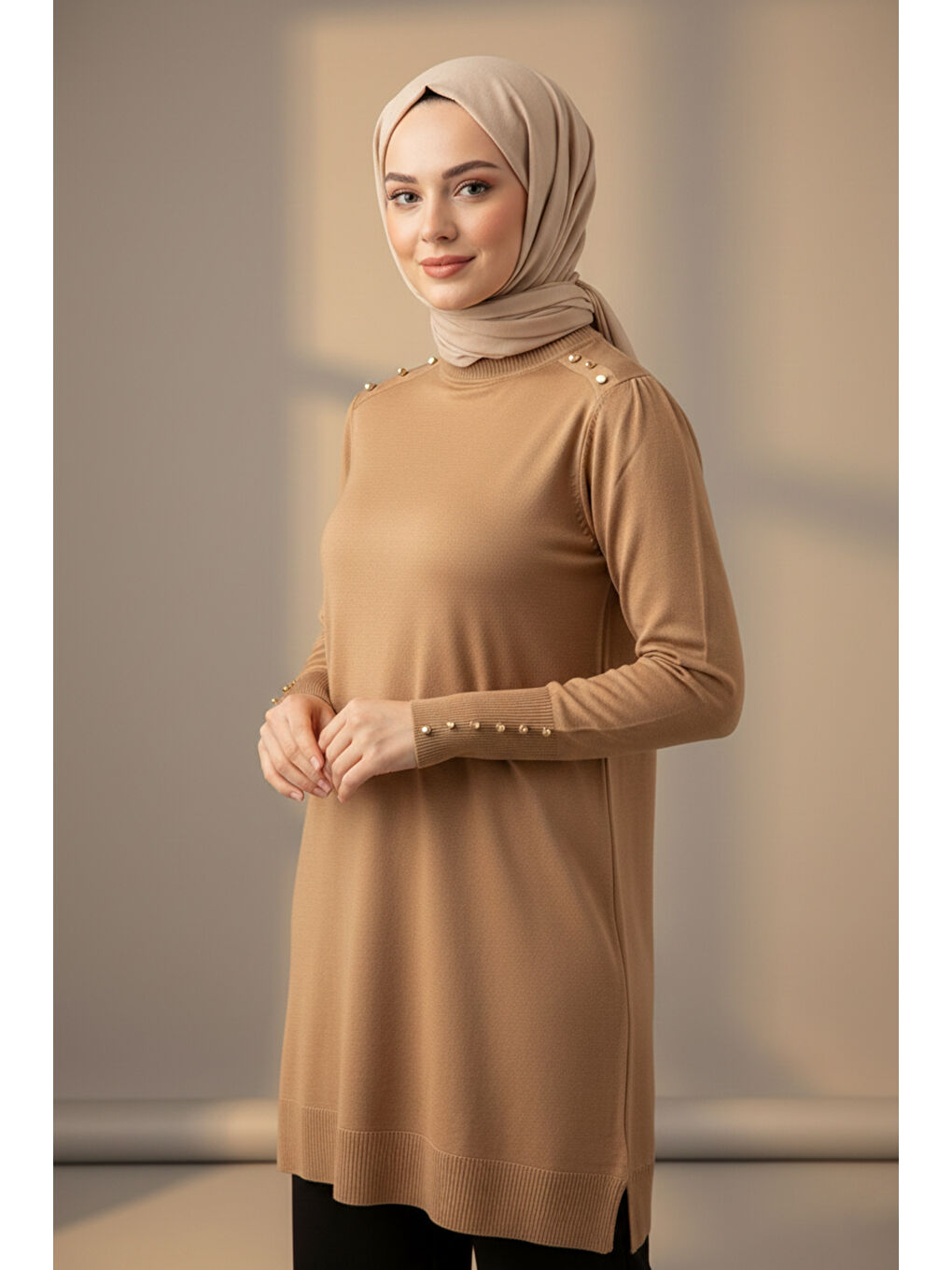 Kahverengi Düğme Detaylı Triko Tunik 34048 Latte