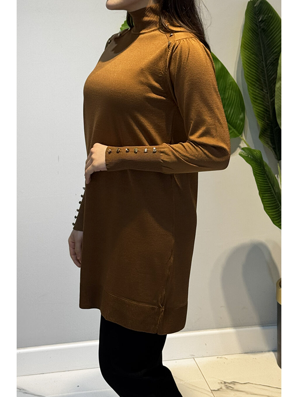 Kahverengi Düğme Detaylı Triko Tunik 34048 Kiremit-4