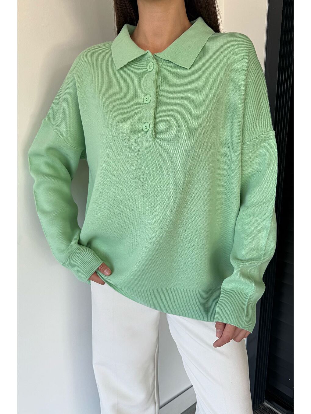 Yeşil Kadın Yarım Düğmeli Triko Kazak-3