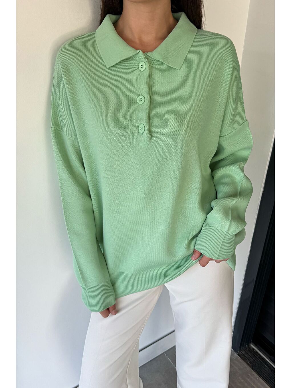 Yeşil Kadın Yarım Düğmeli Triko Kazak-4