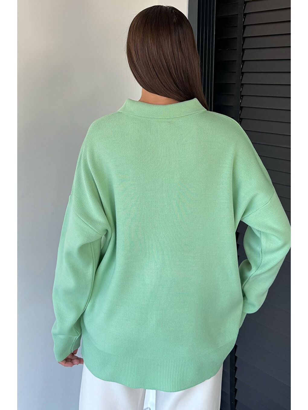 Yeşil Kadın Yarım Düğmeli Triko Kazak-6