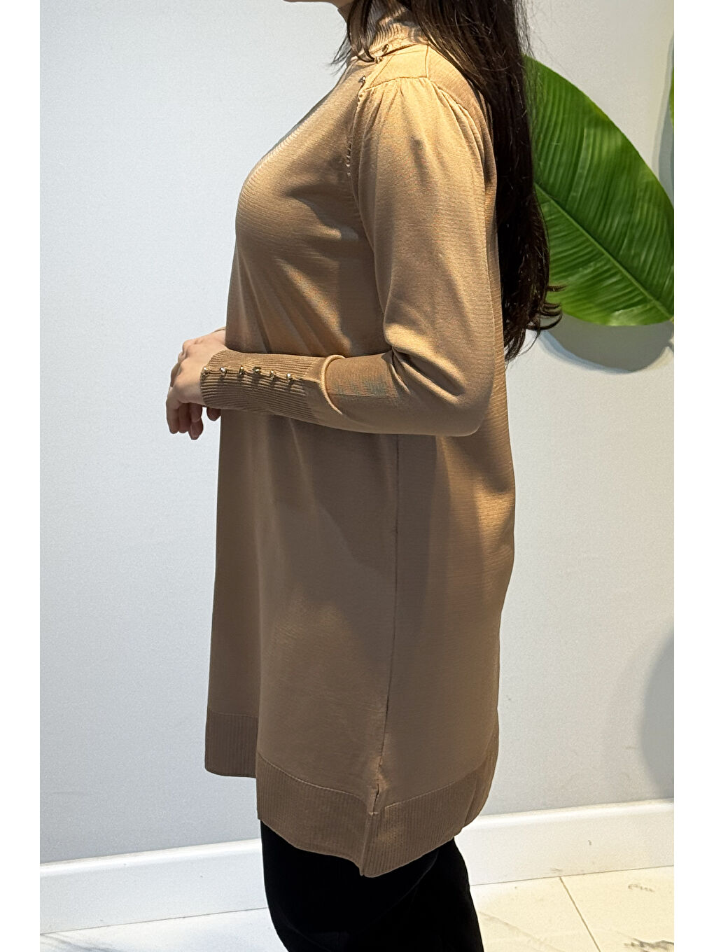 Kahverengi Düğme Detaylı Triko Tunik 34048 Latte-2