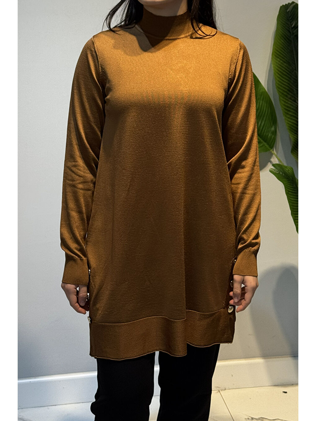 Kahverengi Düğme Detay Triko Tunik 34120 Kiremit-1