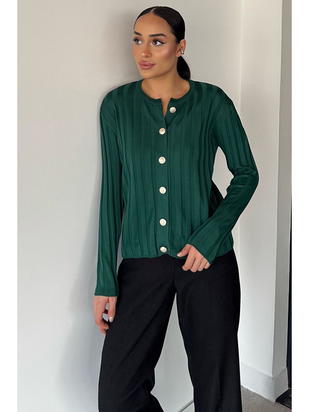 Yeşil Kadın Düğme Detaylı Triko Hırka (m-l-xl Uyumludur)