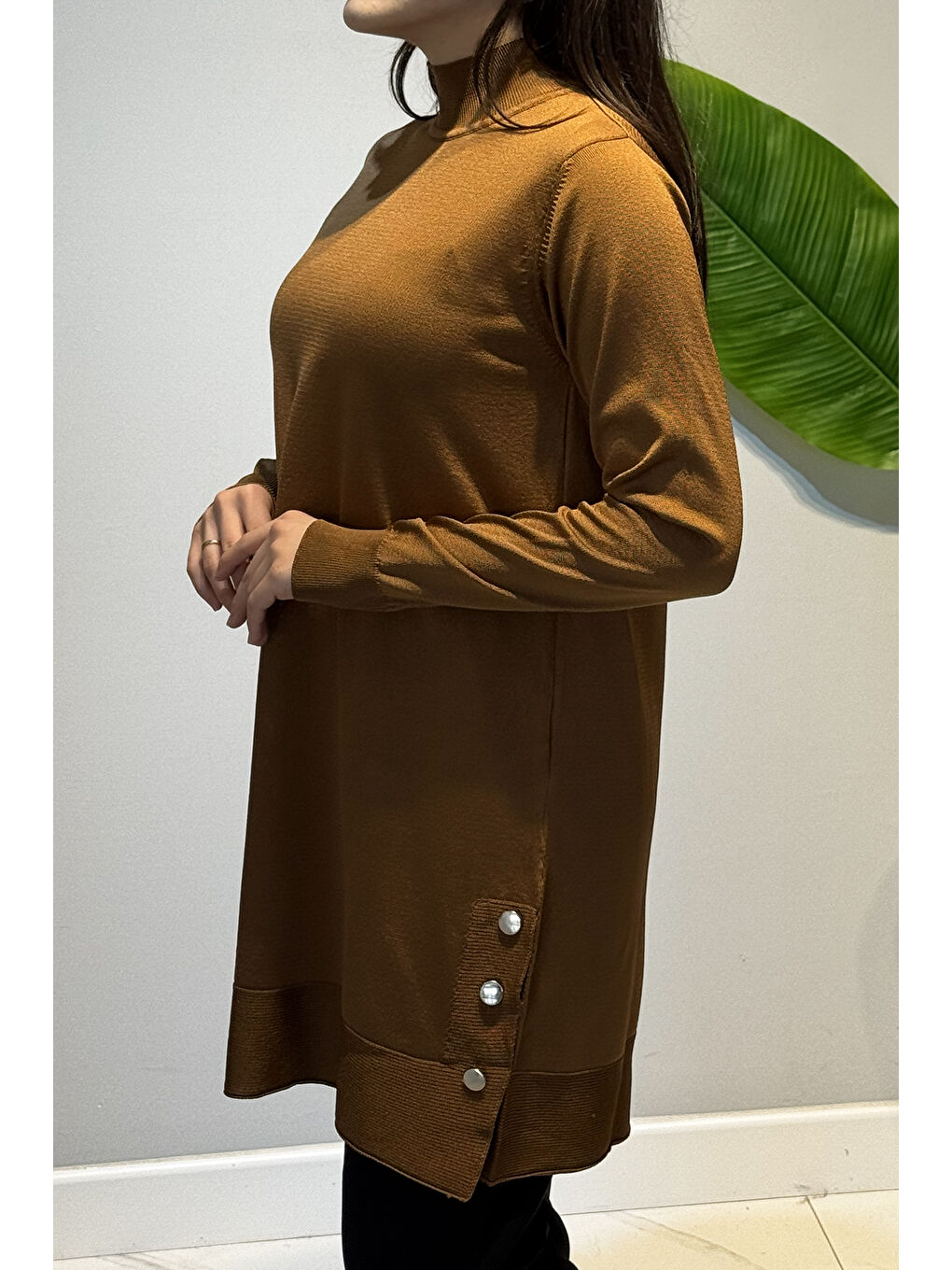 Kahverengi Düğme Detay Triko Tunik 34120 Kiremit-3