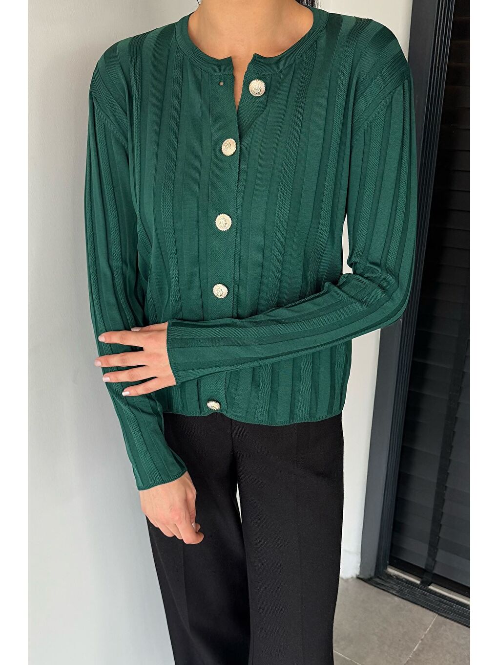 Yeşil Kadın Düğme Detaylı Triko Hırka (m-l-xl Uyumludur)-1